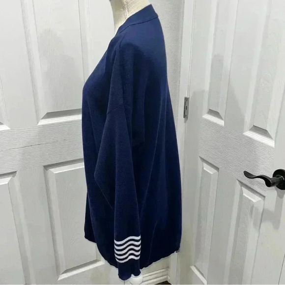 Joan Vass USA navy blue with white stripes nautical beachy cardigan button front - Picture 3 of 9
